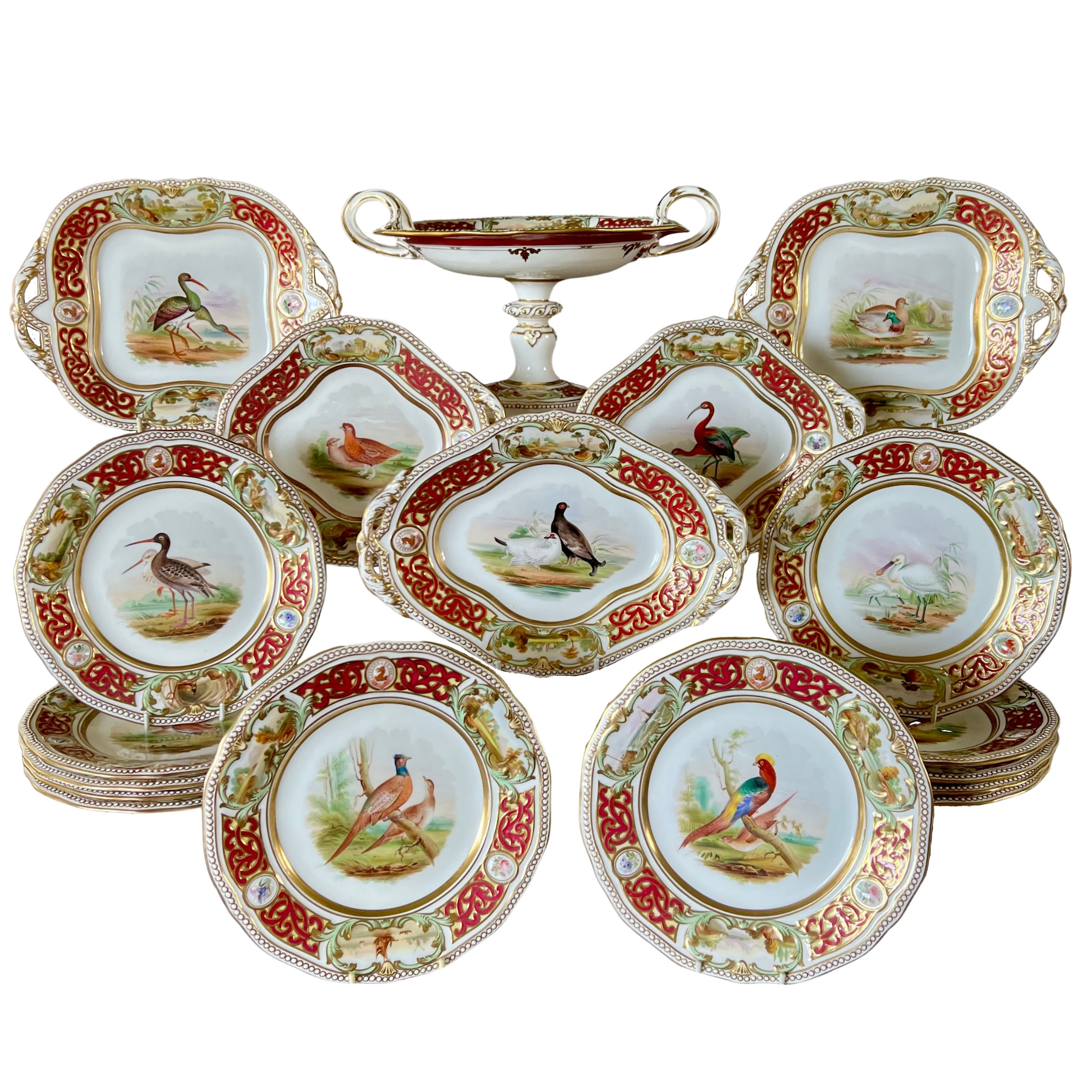Samuel Alcock dessert service, crested Alma border with birds, 1855