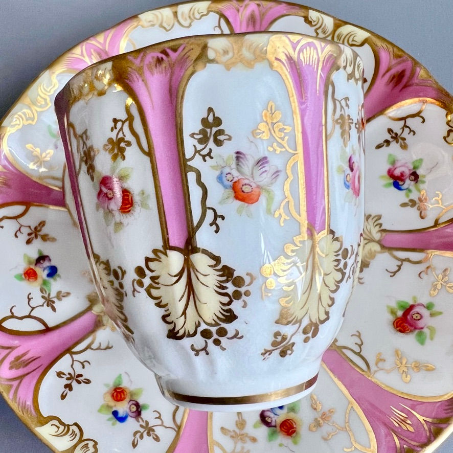 Thumbnail: Samuel Alcock cup, saucer and plate, pink, gilt, flowers, ca 1847
