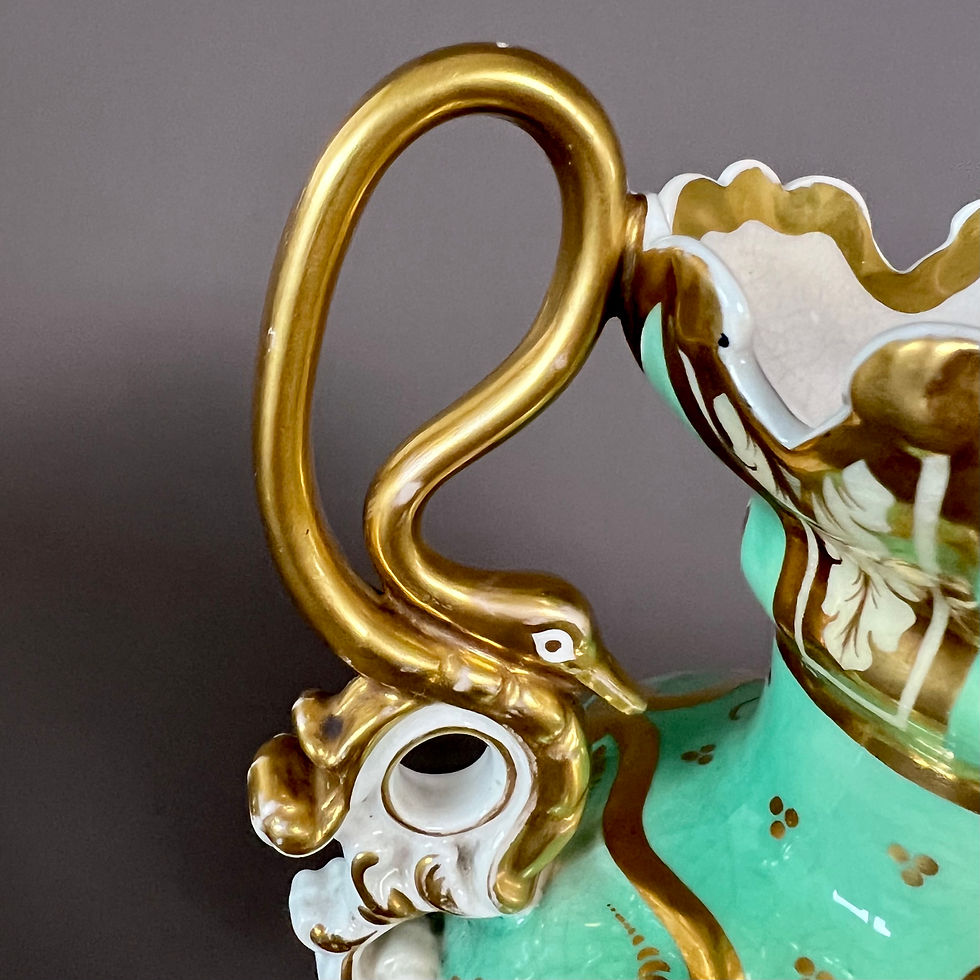 Thumbnail: Samuel Alcock serpent handle vase, green Rococo Revival with landscape, ca 1832