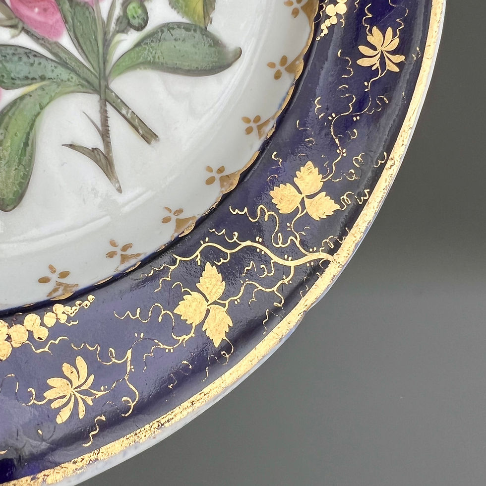 Thumbnail: Coalport plate, cobalt blue, gilt vines, pink and white flowers, ca 1815