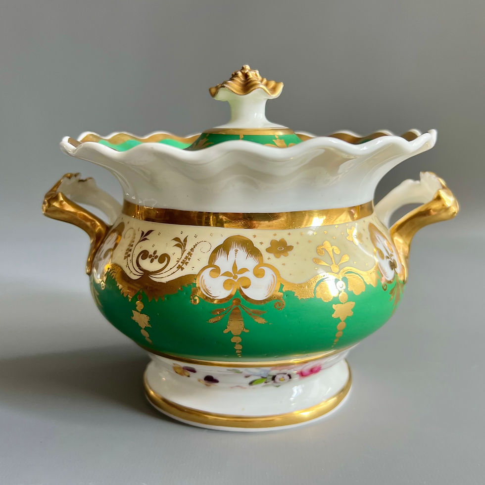 Thumbnail: Samuel Alcock sauce tureen on stand, emerald green with flowers, ca 1825