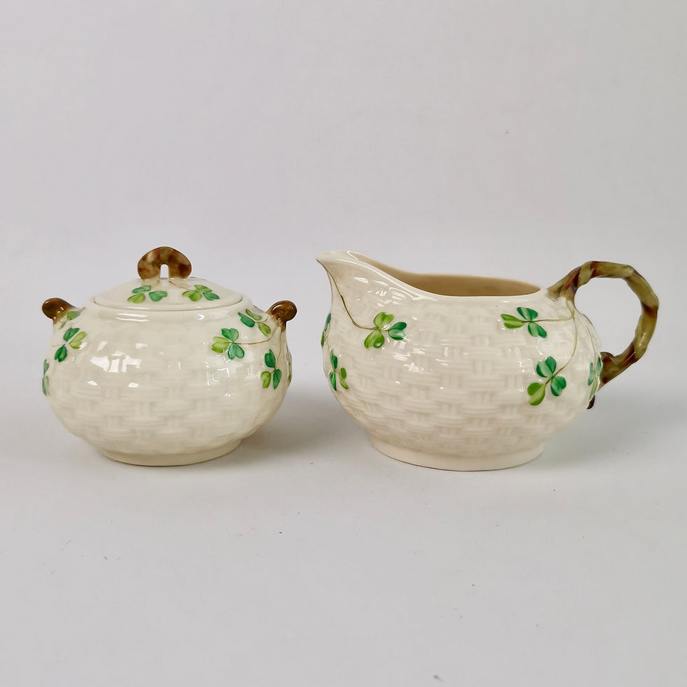 Thumbnail: Belleek milk and sugar set, Shamrock pattern, 1926-1946