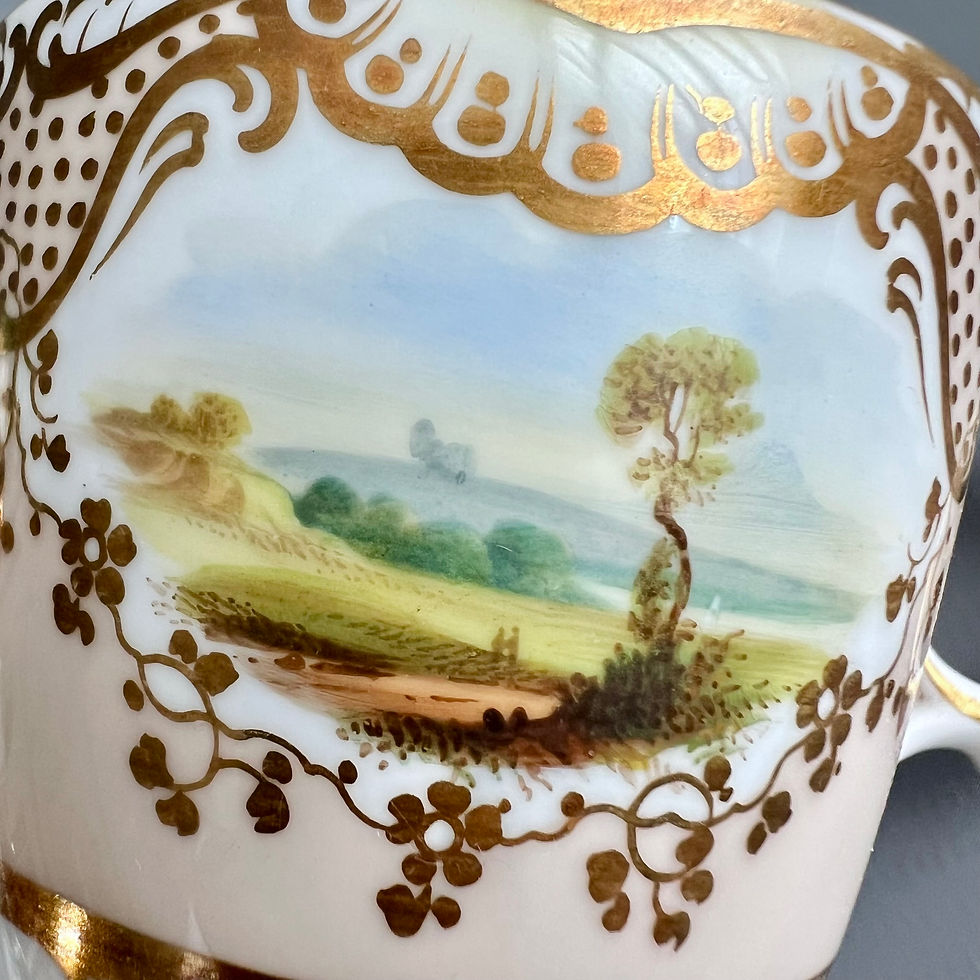 Thumbnail: Samuel Alcock orphaned coffee cup, pale peach, gilt and landscapes, ca 1845