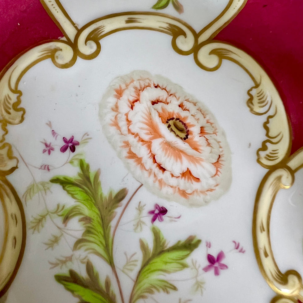 Thumbnail: Samuel Alcock basket, Rococo Revival, maroon with flower reserves, ca 1835