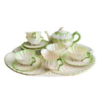 Belleek cabaret tea set, green Neptune, 1863-1946