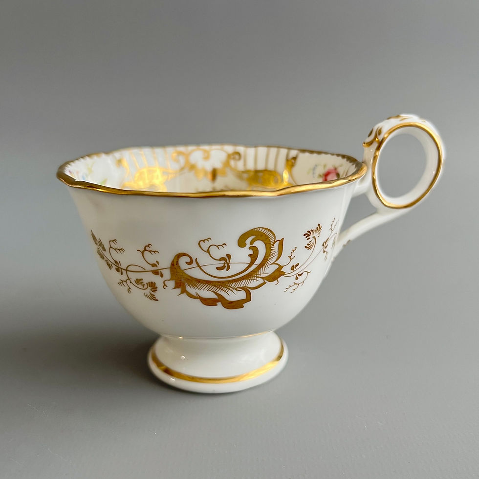 Thumbnail: Davenport orphaned coffee cup, grey, rich gilt, flowers, 1870-1886