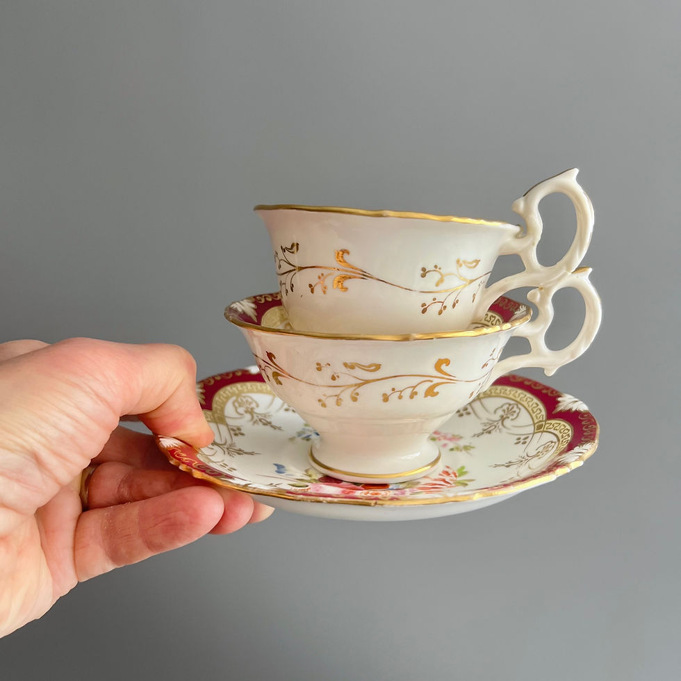 Thumbnail: Samuel Alcock true trio, maroon, gilt and flowers, ca 1845