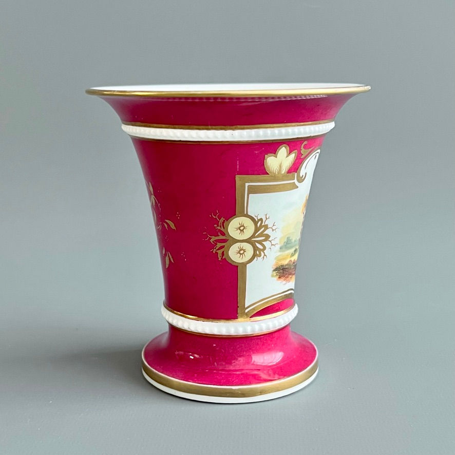 Thumbnail: Samuel Alcock spill vase, maroon with landscape, ca 1834