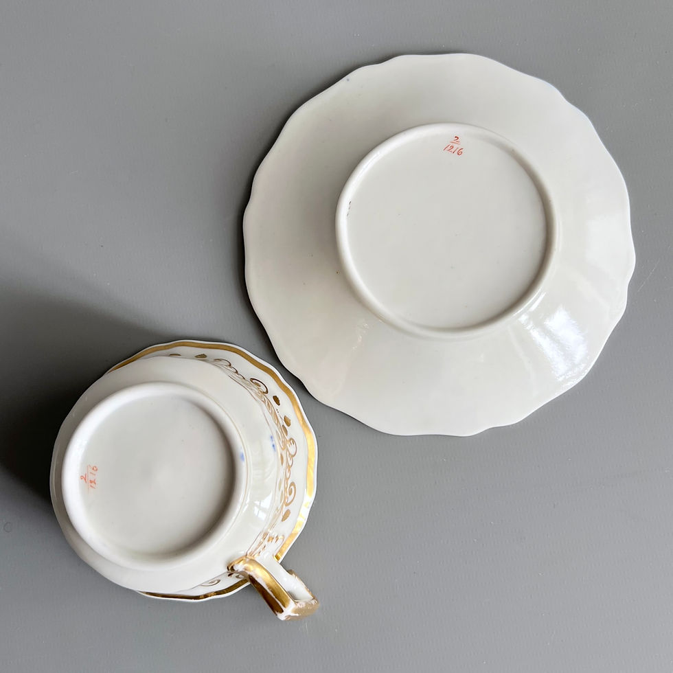 Thumbnail: Ridgway teacup, cobweb pattern peach, cobalt blue and gilt, ca 1825