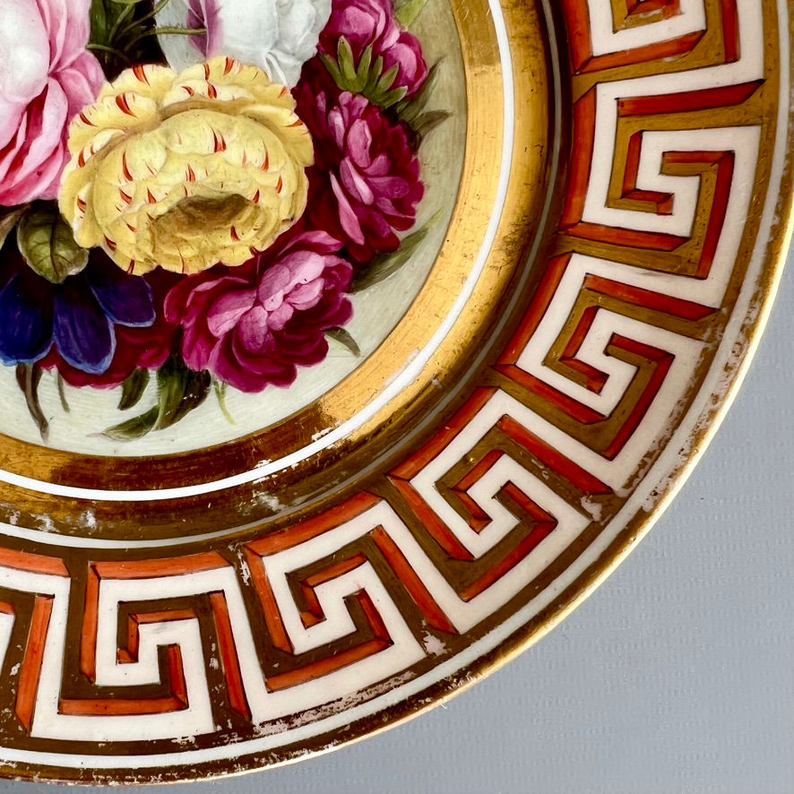 Thumbnail: Coalport John Rose plate, Greek keys, flowers by Thomas Baxter, ca 1805