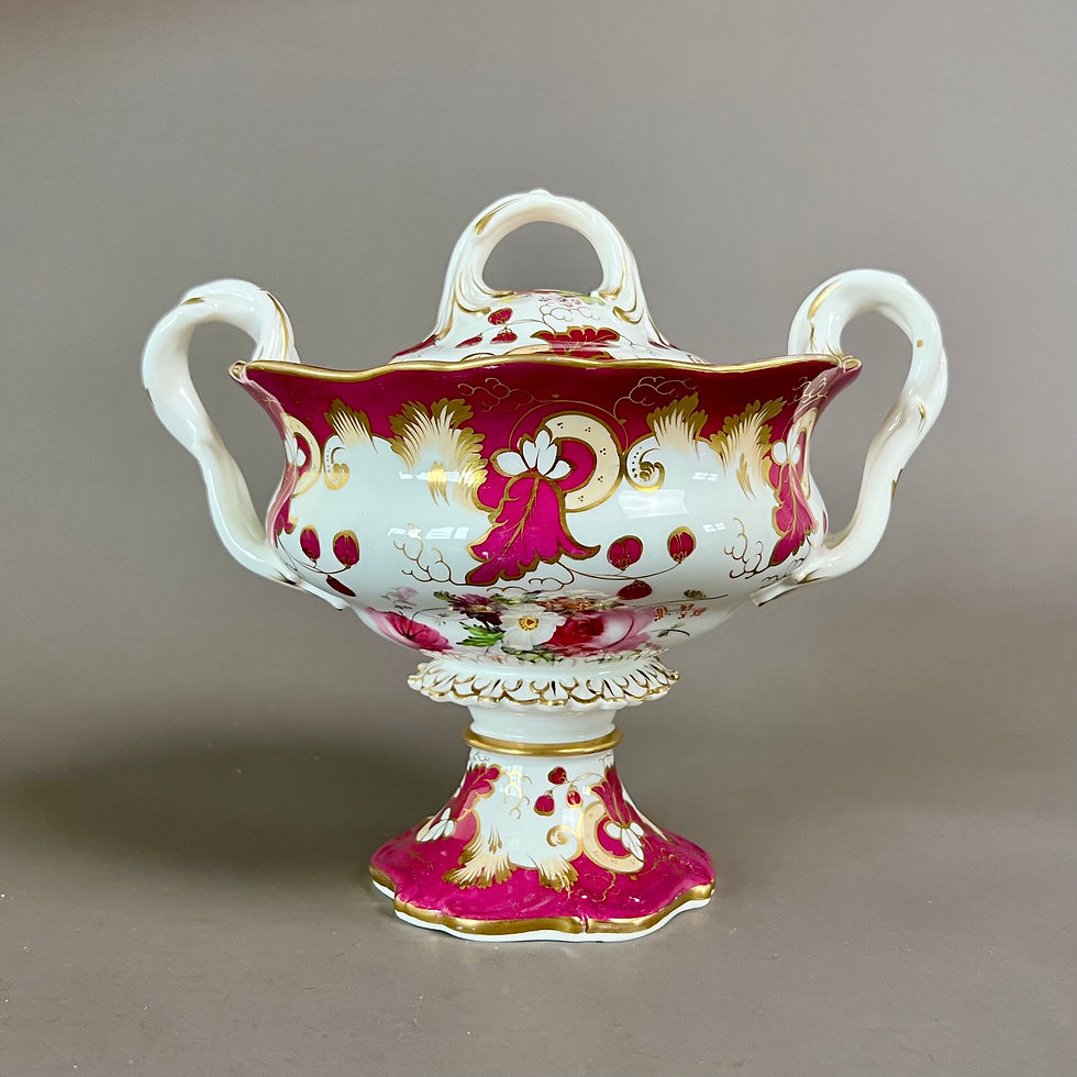 Thumbnail: Samuel Alcock footed sauce tureen, maroon with flower sprays, ca 1842