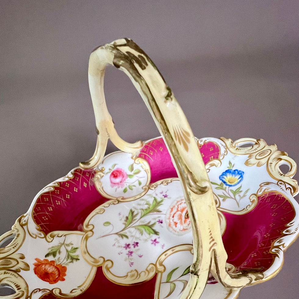 Thumbnail: Samuel Alcock basket, Rococo Revival, maroon with flower reserves, ca 1835