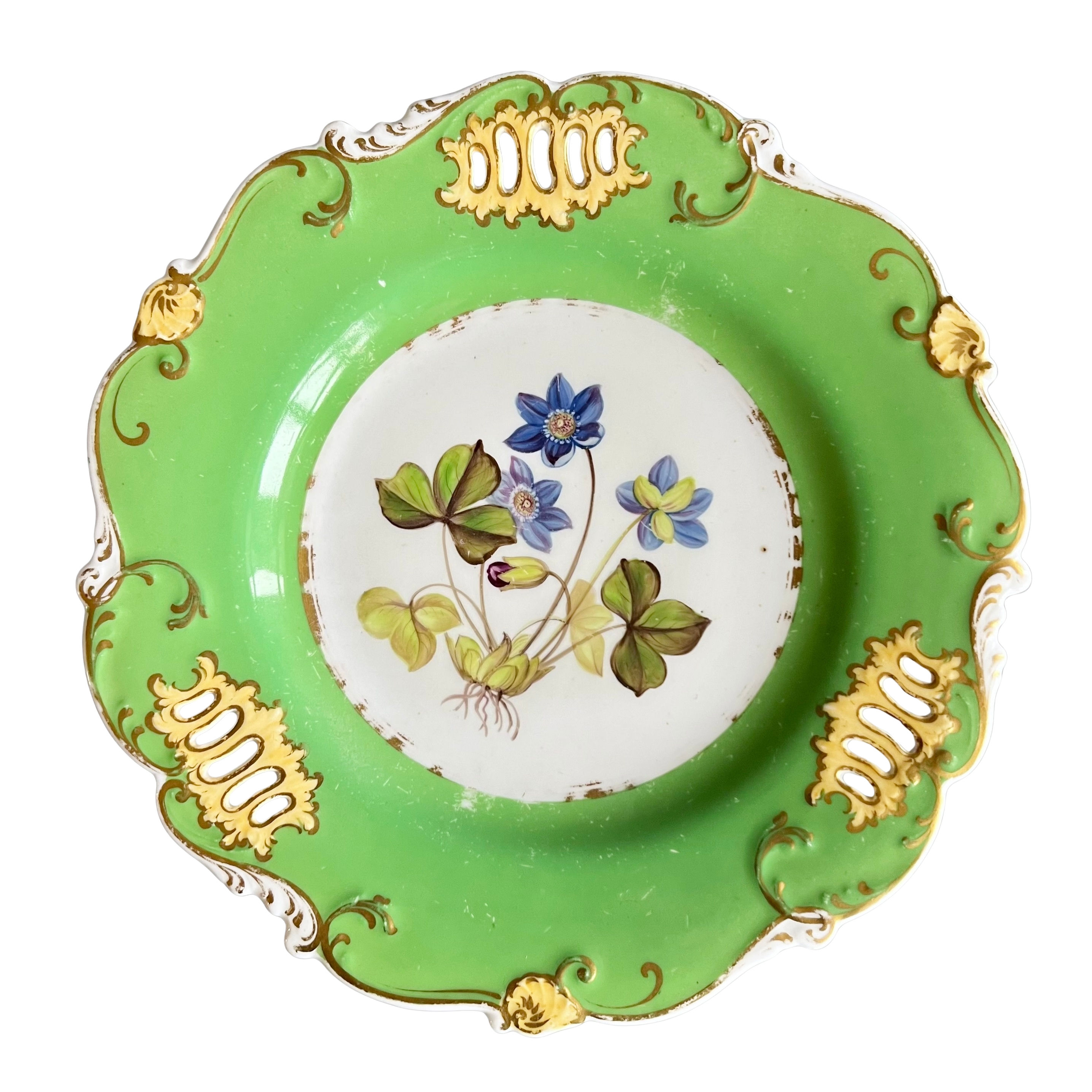 H&R Daniel plate, pierced shell shape, green, named flower patt.5801, ca 1835