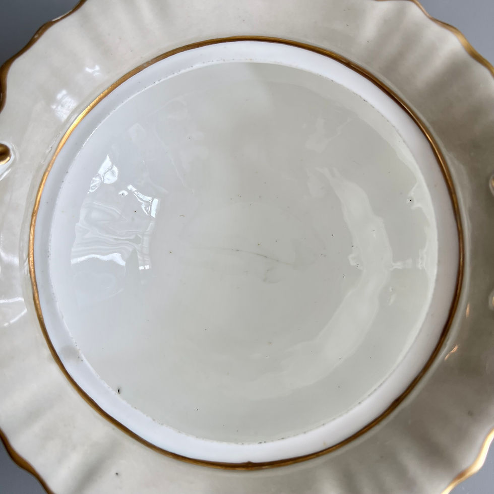 Thumbnail: Samuel Alcock footed sauce tureen on stand, beige, yellow, flower sprays, c1843