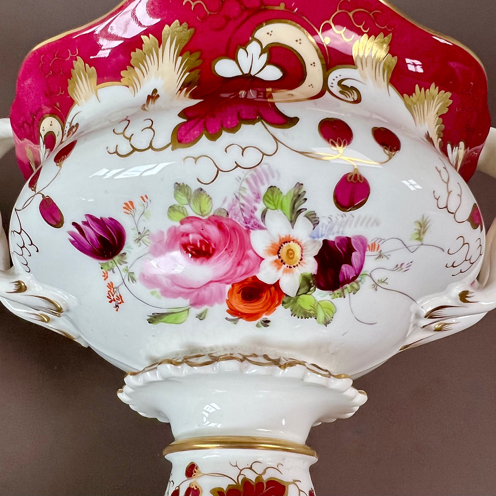 Thumbnail: Samuel Alcock footed sauce tureen, maroon with flower sprays, ca 1842