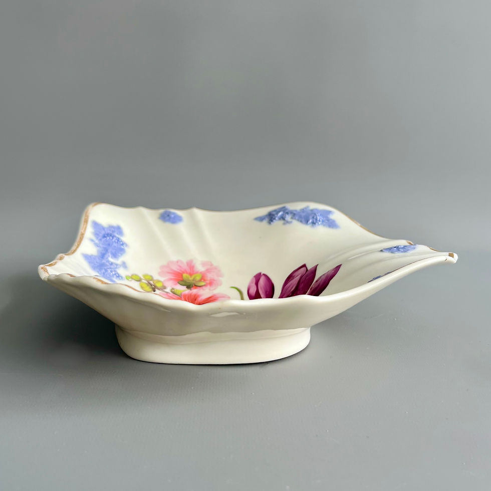 Thumbnail: H&R Daniel shell dish, patt. 4019, florals and purple sprigs, 1824