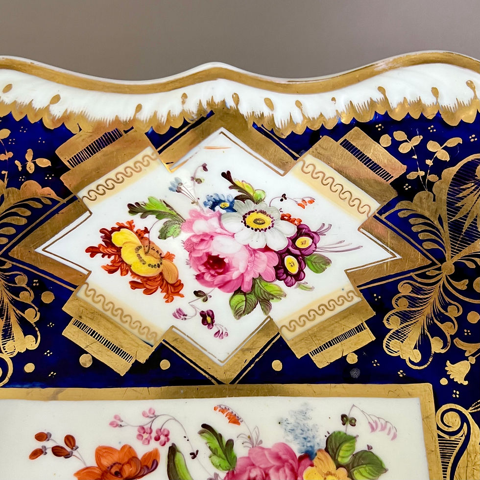 Thumbnail: Samuel Alcock dessert service, melted snow, cobalt blue, gilt, flowers ca 1822