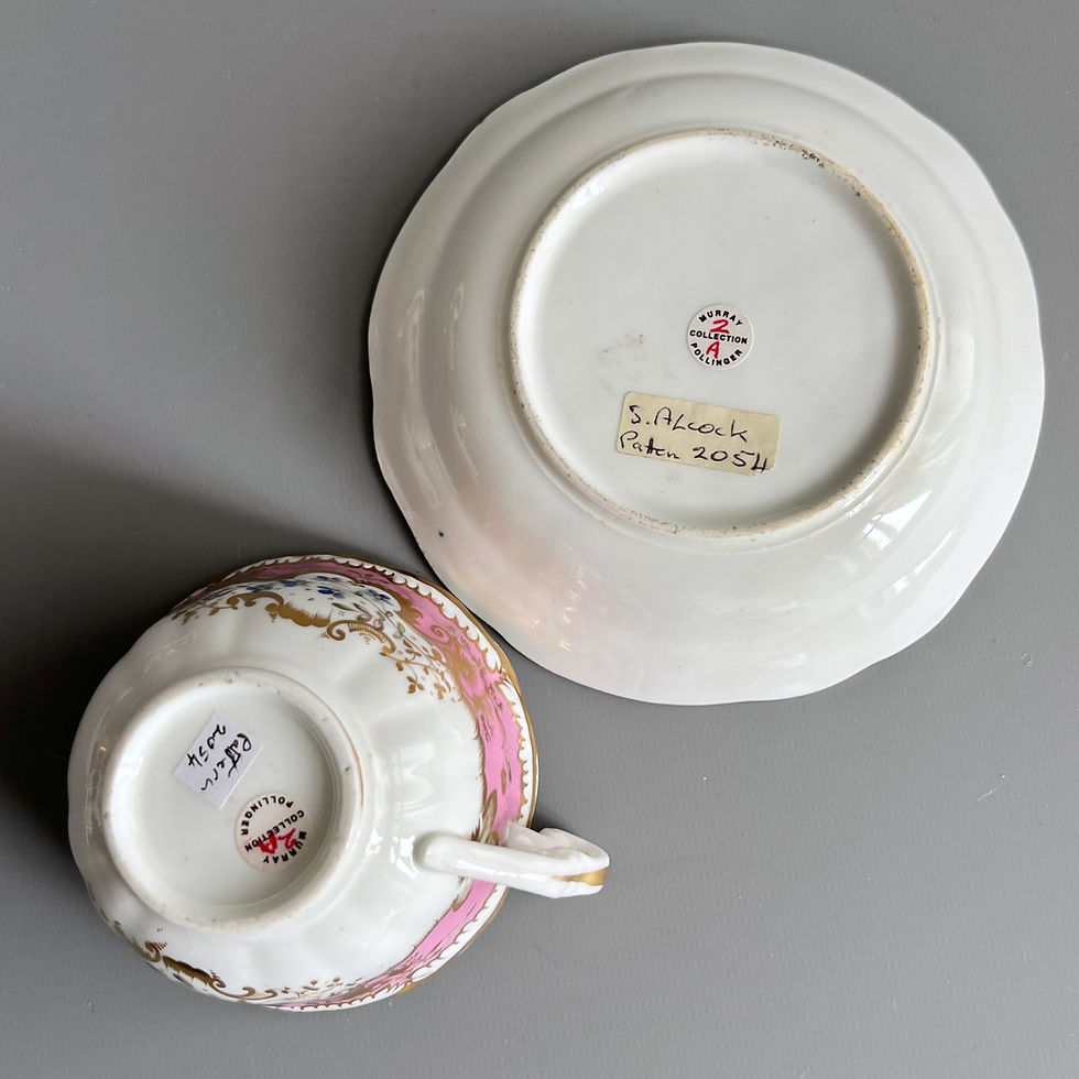 Thumbnail: Samuel Alcock teacup, melted snow, pink with flowers, ca 1825