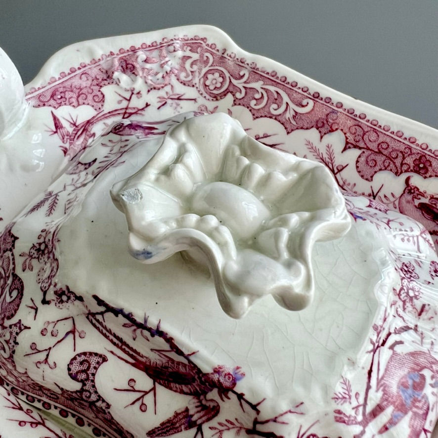 Thumbnail: Samuel Alcock teapot, white with puce print of rose bush pattern, ca 1835