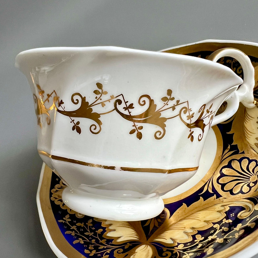 Thumbnail: Samuel Alcock teacup, writhen shape, cobalt blue and gilt acanthus, ca 1826