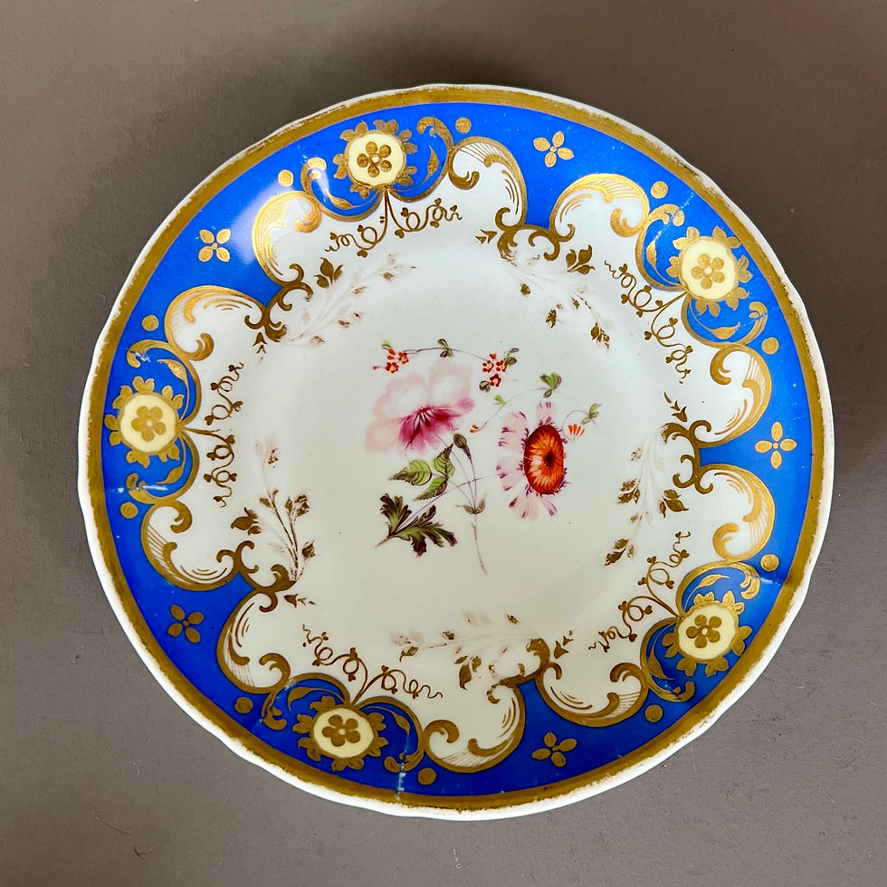 Thumbnail: Samuel Alcock set of true trio and 2 cake plates, French blue with flowers, 1830