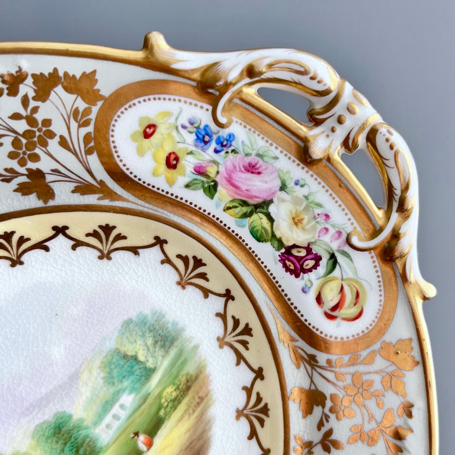 Thumbnail: Samuel Alcock pair of low comports, grey, gilt with landscapes, ca 1859