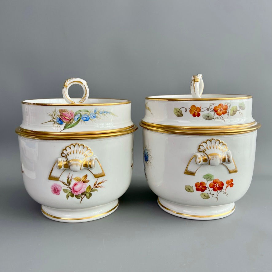 Thumbnail: Derby pair of ice pails, fine flowers by William Billingsley, ca 1790