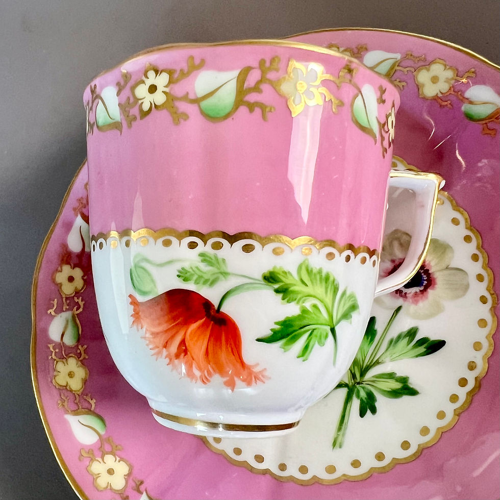 Thumbnail: Samuel Alcock matched solitaire tea set, pink with flowers, ca 1836