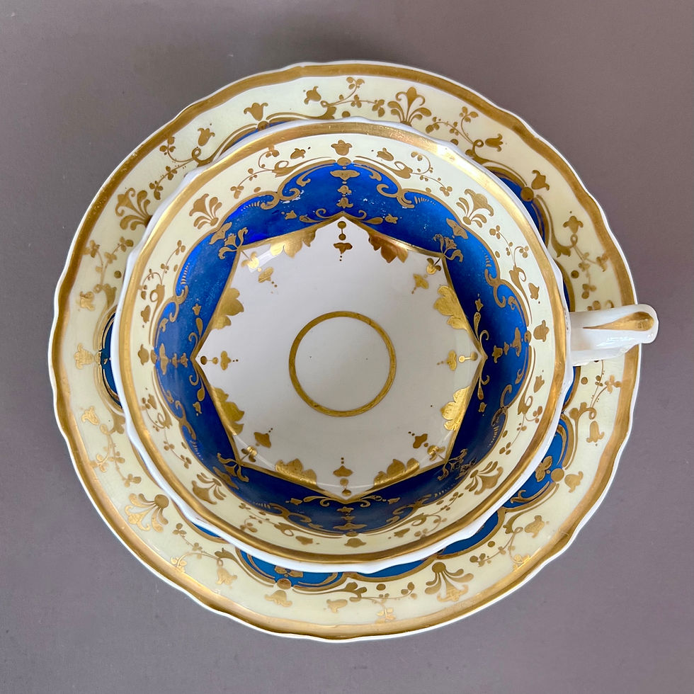 Thumbnail: Samuel Alcock breakfast cup, pale yellow, peacock blue and gilt, ca 1830