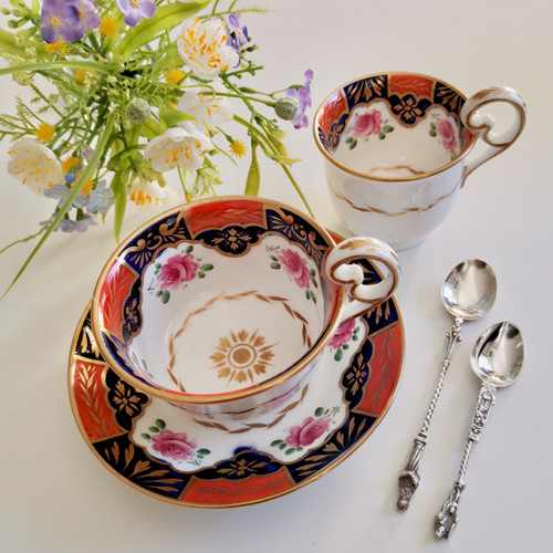 Coalport true trio, cobalt blue, orange and roses, ca 1820