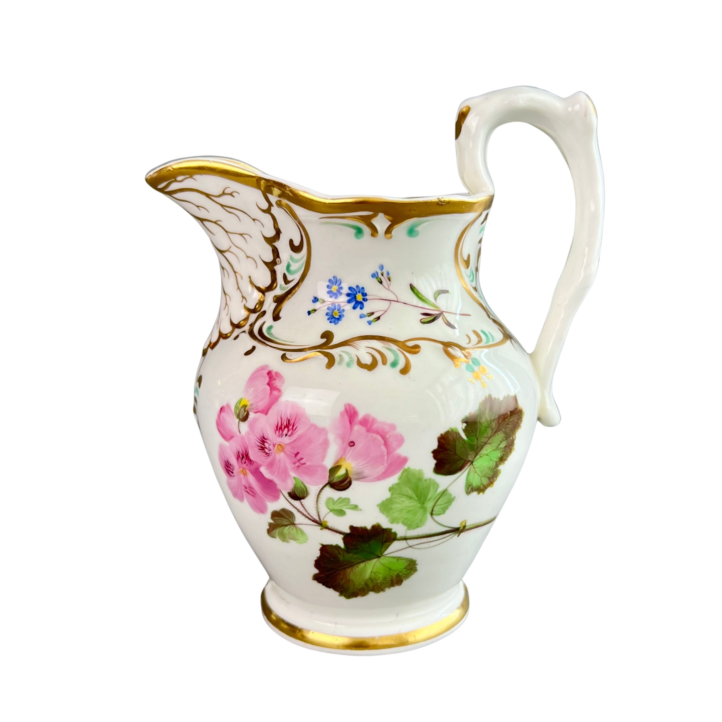 Samuel Alcock cream jug, white with pink flowers, ca 1840