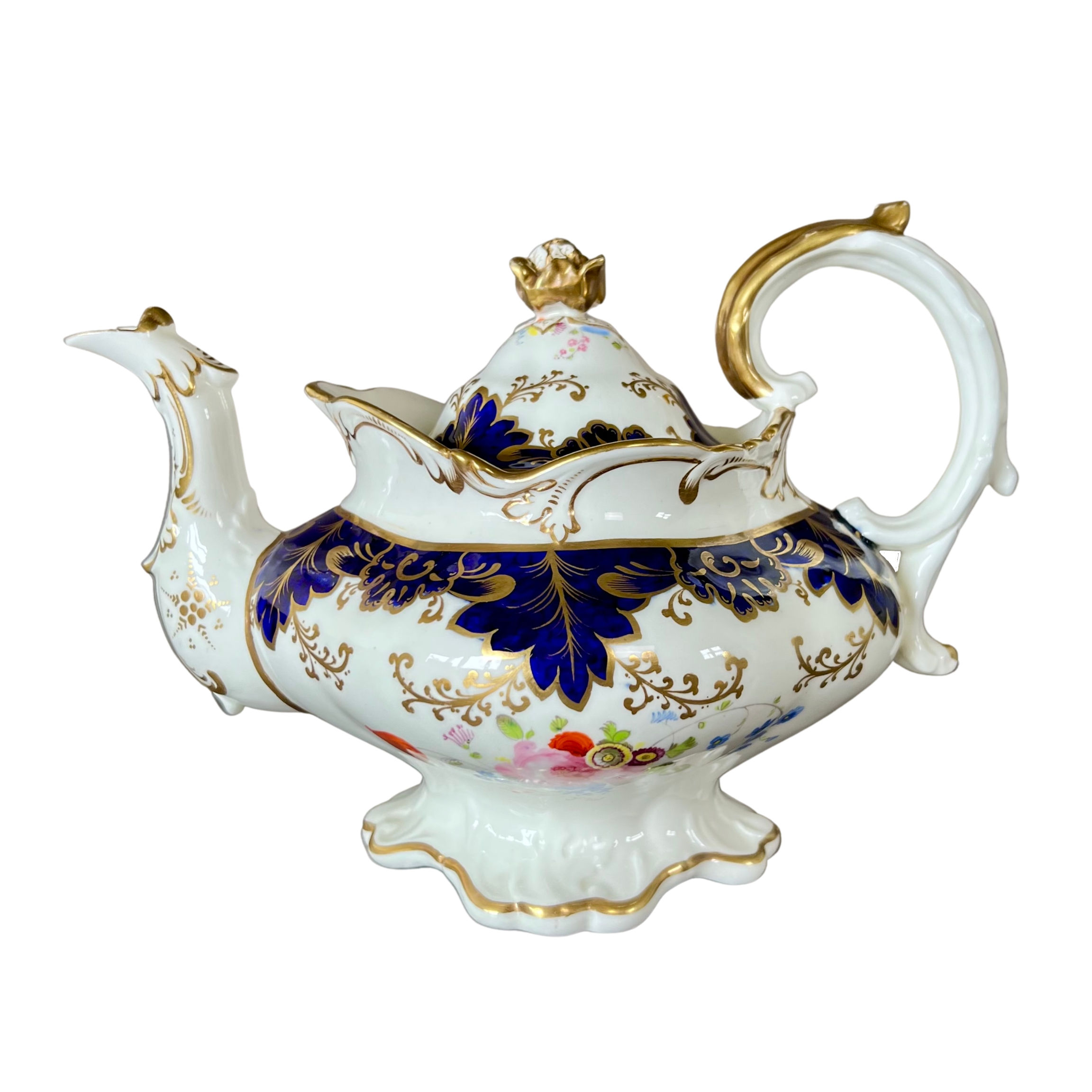 Samuel Alcock teapot, cobalt blue, gilt and flowers, ca 1837