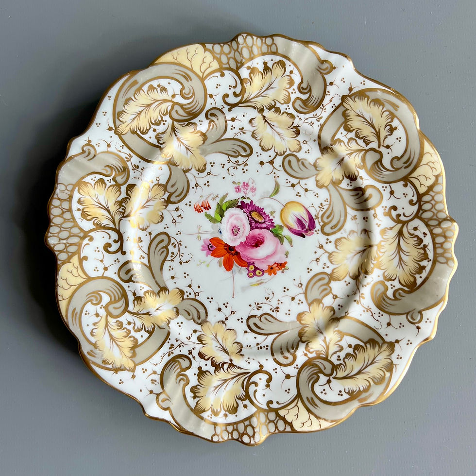 Thumbnail: Samuel Alcock footed sauce tureen on stand, beige, yellow, flower sprays, c1843