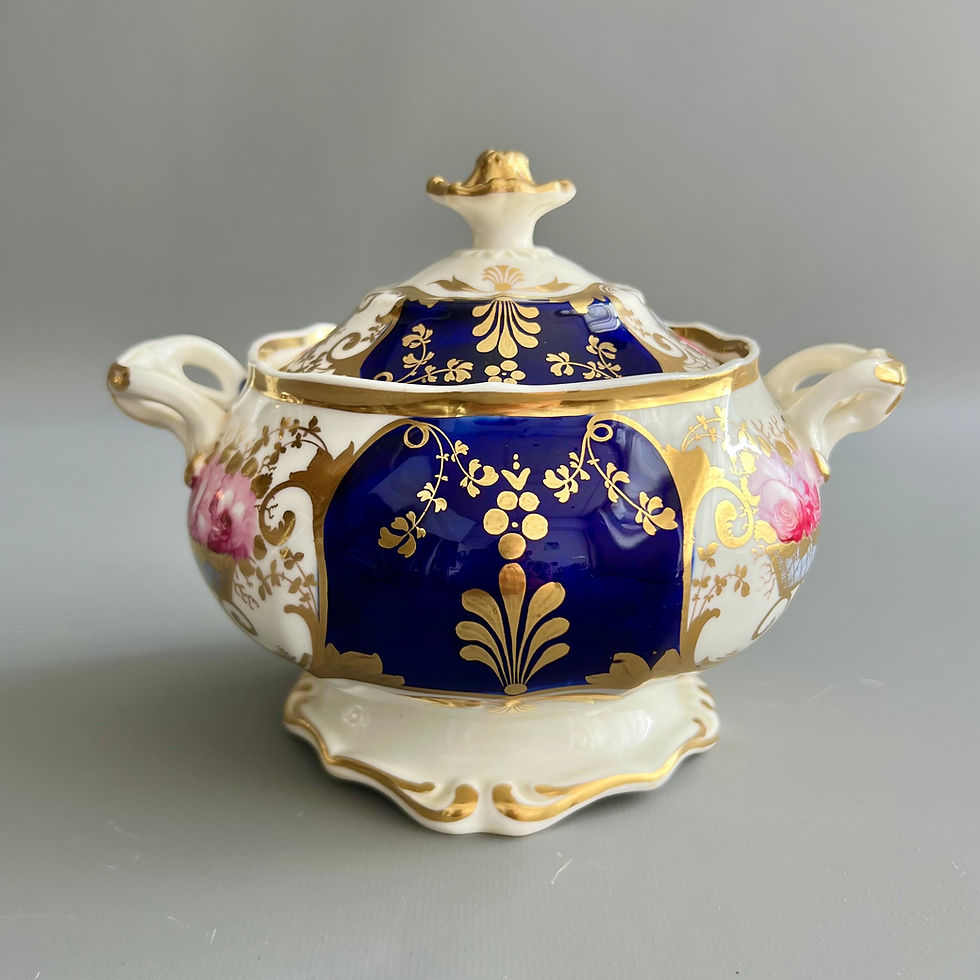 Thumbnail: Samuel Alcock sucrier, cobalt blue, gilt and roses, ca 1827