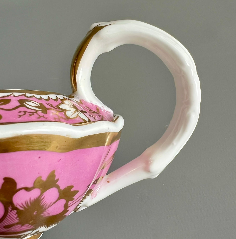 Thumbnail: Samuel Alcock milk jug, melted snow, pink with flowers, ca 1825