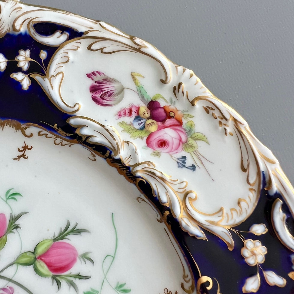 Thumbnail: Coalport plate, cobalt blue with yellow ranunculus by Stephen Lawrance, 1840