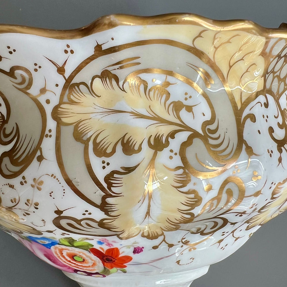 Thumbnail: Samuel Alcock footed sauce tureen on stand, beige, yellow, flower sprays, c1843