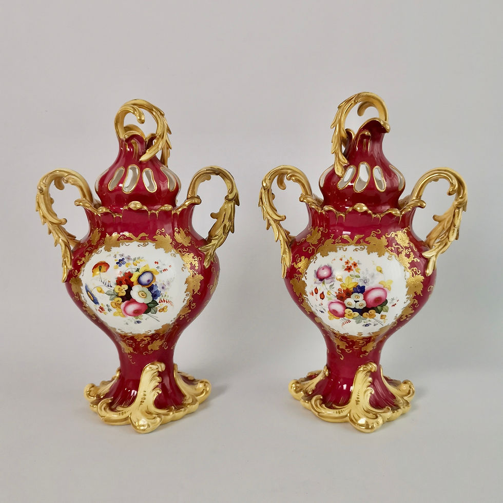 Thumbnail: H&R Daniel potpourri vases, maroon, birds and flowers, Rococo Revival ca 1835