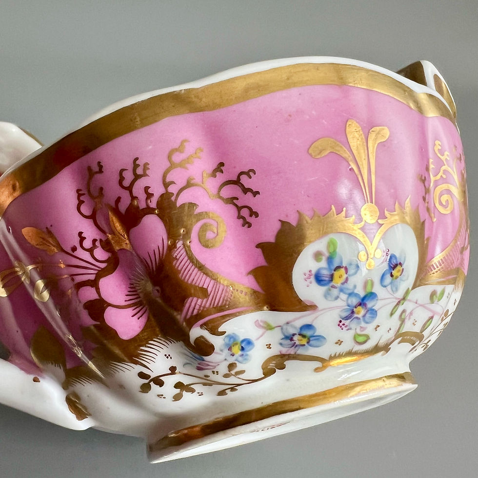 Thumbnail: Samuel Alcock milk jug, melted snow, pink with flowers, ca 1825