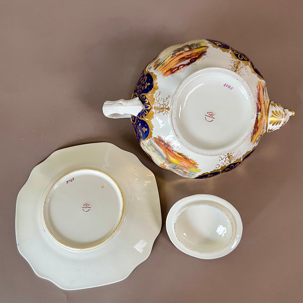 Thumbnail: Samuel Alcock teapot, half orange shape, cobalt blue, gilt, landscapes, ca 1825