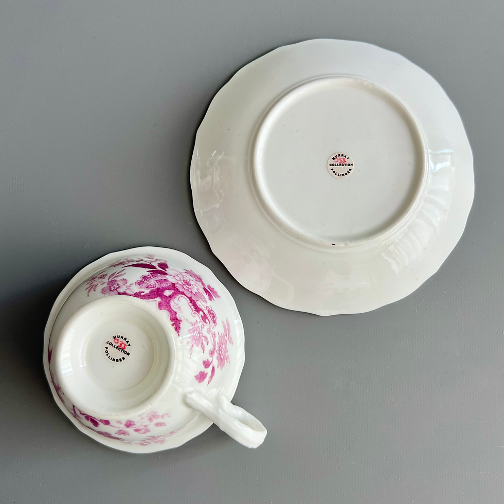 Thumbnail: Samuel Alcock teacup, white with puce print of rock and rose pattern, ca 1830