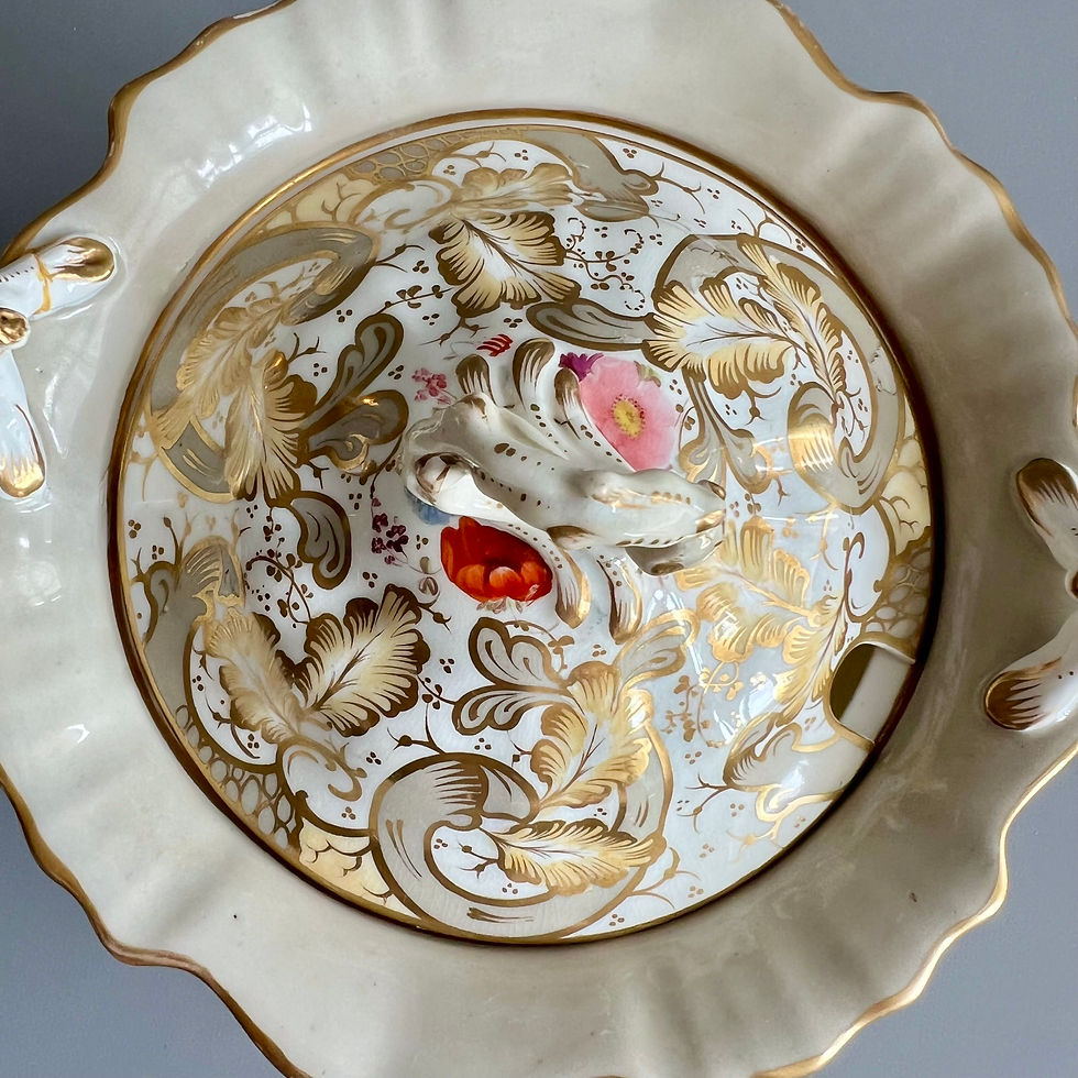 Thumbnail: Samuel Alcock footed sauce tureen on stand, beige, yellow, flower sprays, c1843