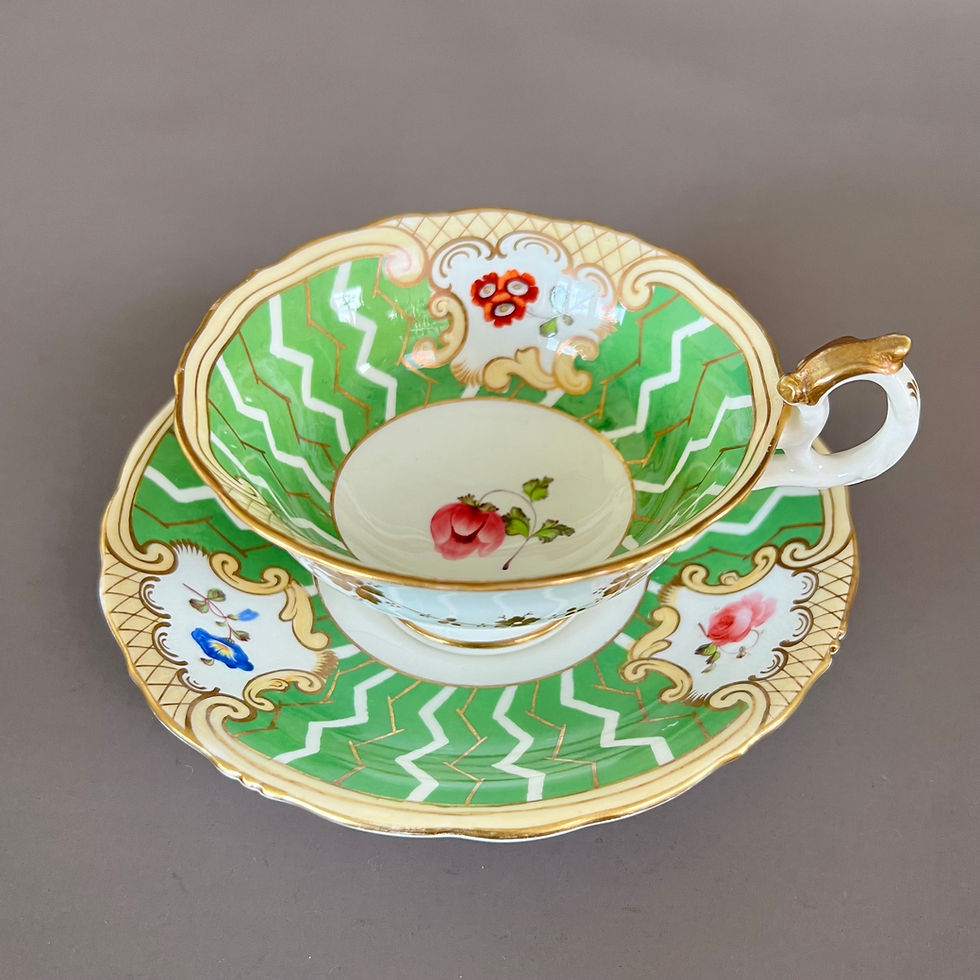 Thumbnail: Samuel Alcock teacup, apple green with lightning pattern, flowers, ca 1840