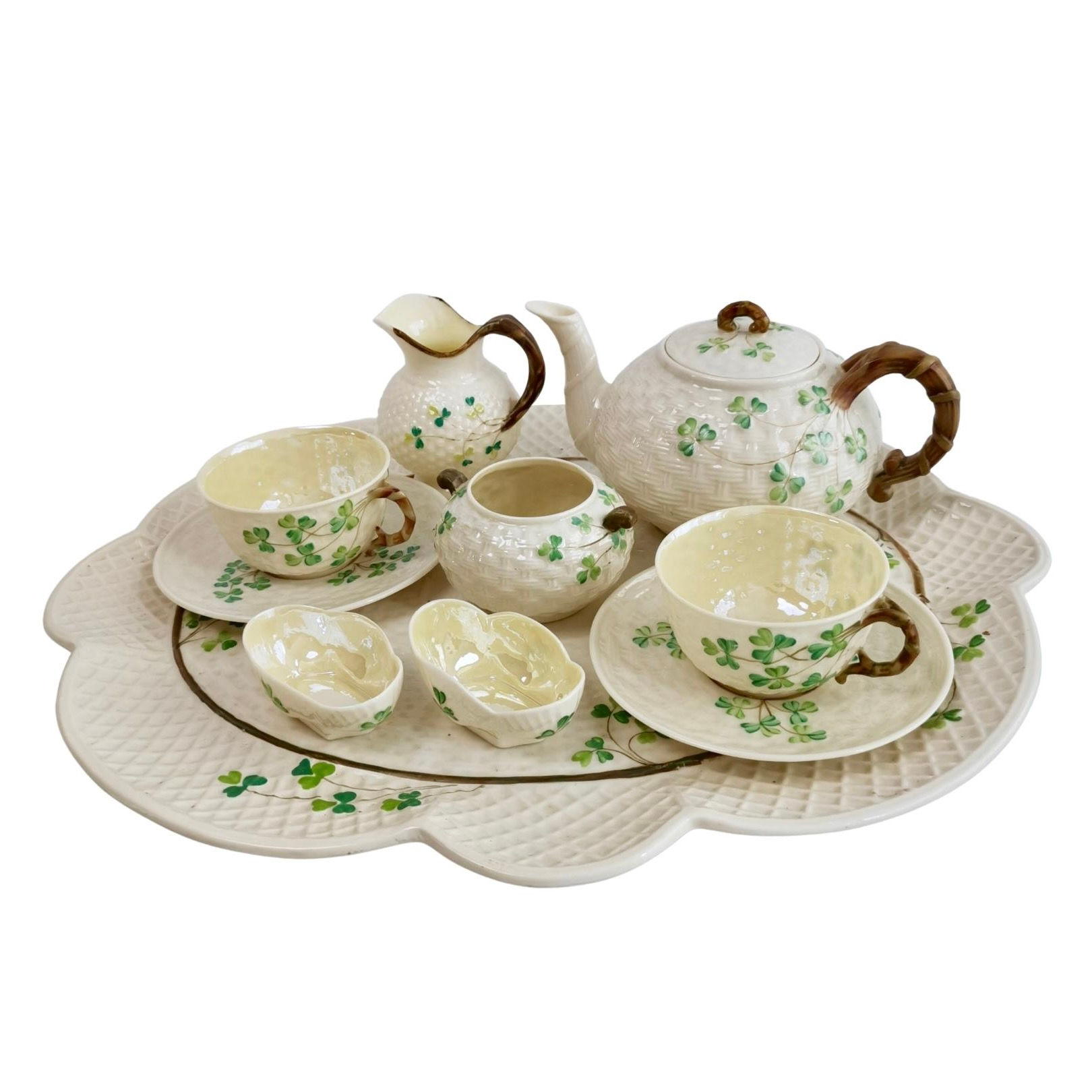 Belleek cabaret tea set for two, Shamrock pattern, 1891-1946