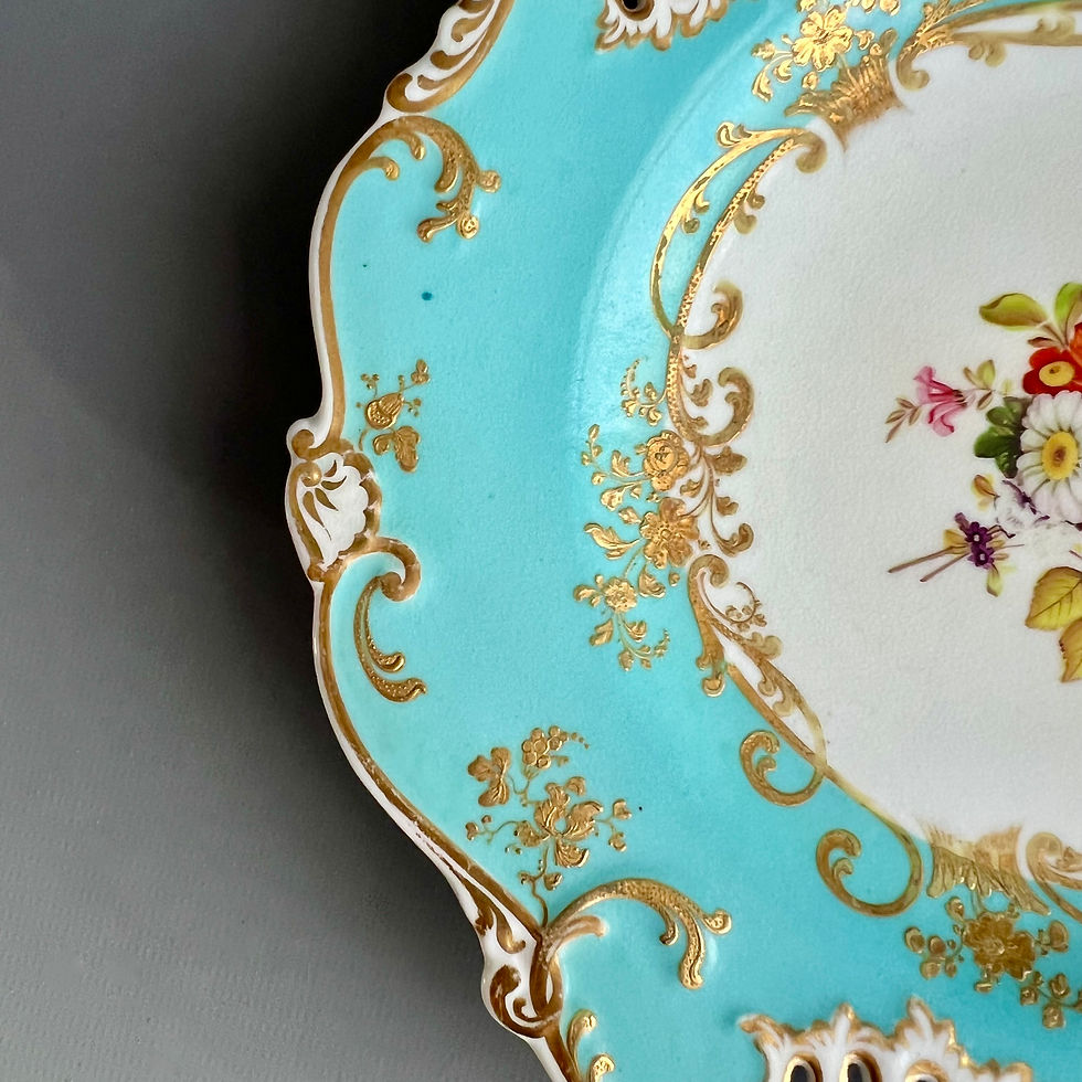 Thumbnail: H&R Daniel plate, pierced shell shape, sky blue with flowers, ca 1835