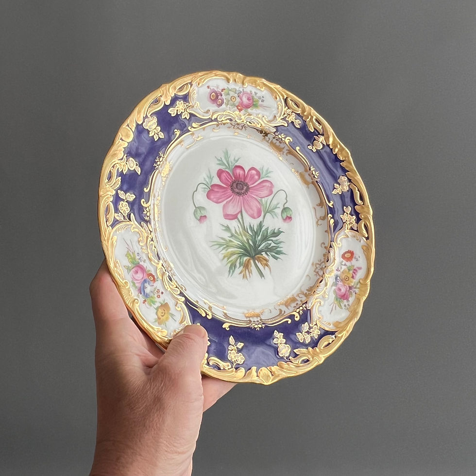 Thumbnail: Coalport plate, cobalt blue with pink ranunculus by Stephen Lawrance, 1840