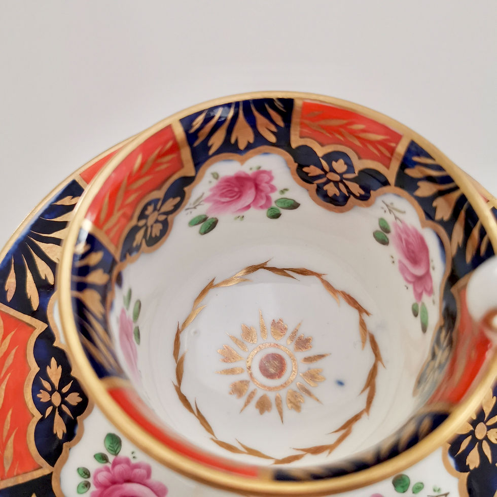 Thumbnail: Coalport true trio, cobalt blue, orange and roses, ca 1820