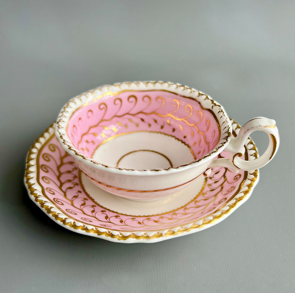 Thumbnail: H&R Daniel teacup, 2nd Gadroon, pink swirl patt. 4404, ca 1828