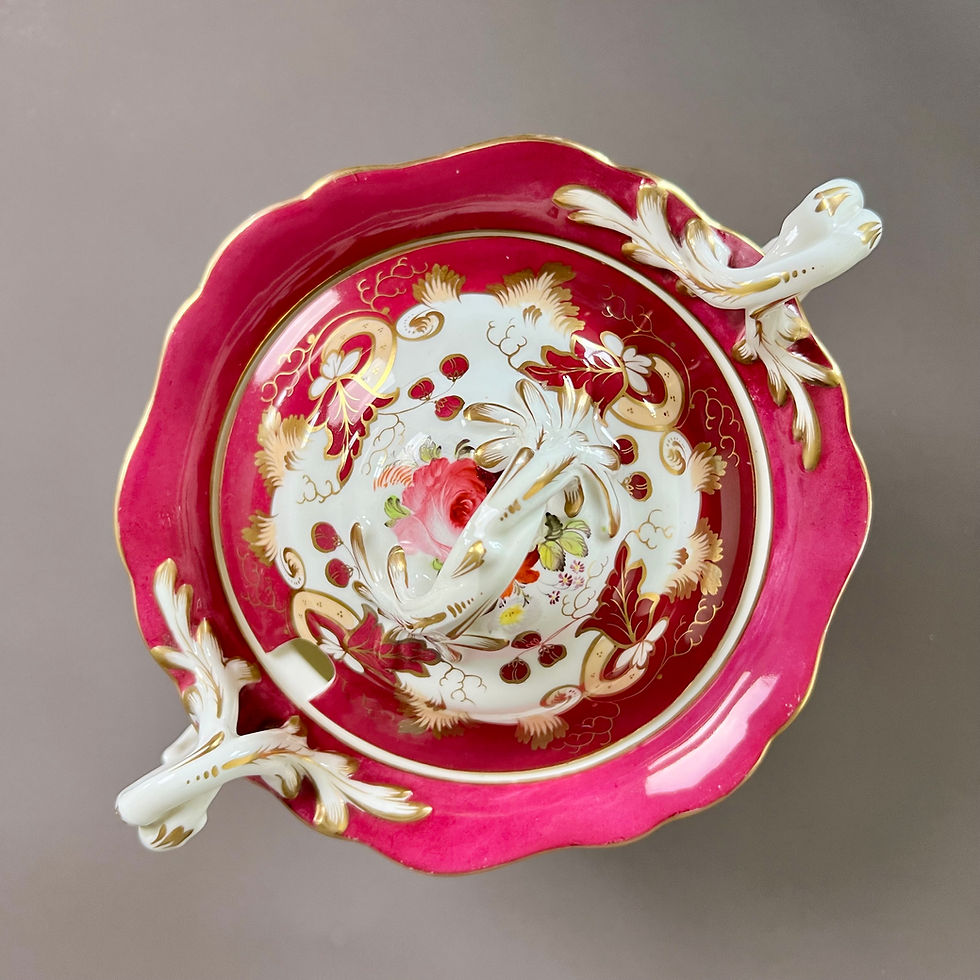 Thumbnail: Samuel Alcock footed sauce tureen, maroon with flower sprays, ca 1842
