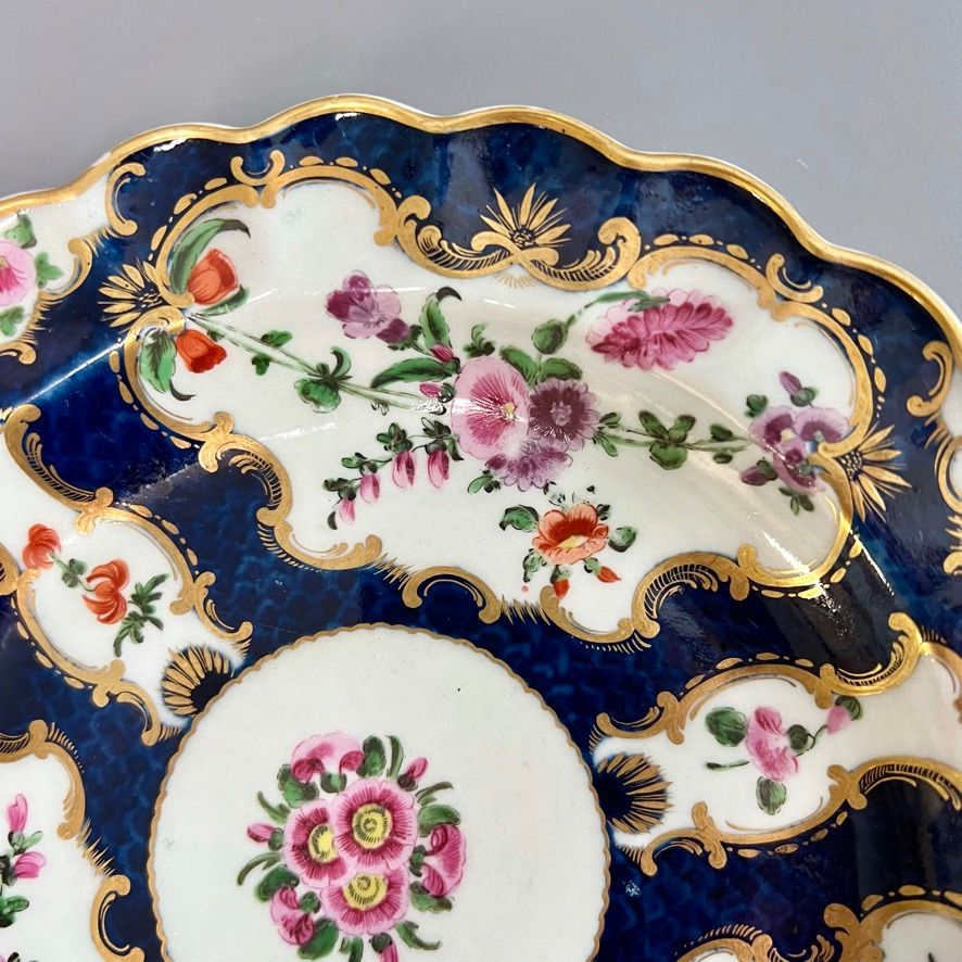 Thumbnail: Worcester plate, blue scale with floral reserves, ca 1770